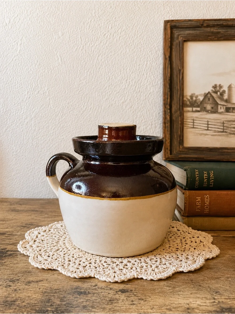 Brown & Cream Stoneware Crock Jar with Lid